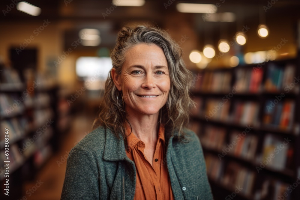 Medium shot portrait photography of a grinning woman in her 40s that is wearing a lightweight windbreaker against a cozy bookstore filled with books and readers background . Generative AI Medium shot portrait photography of a grinning woman in her 40s that is wearing a lightweight windbreaker against a cozy bookstore filled with books and readers background . Generative AI