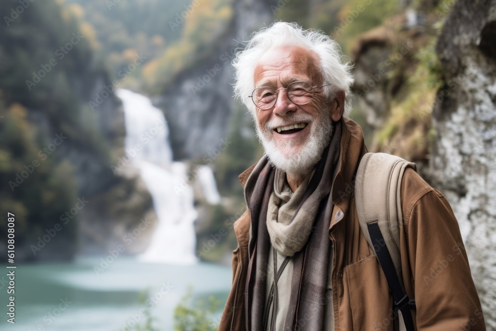 Portrait of a senior man in front of a waterfall in autumn
