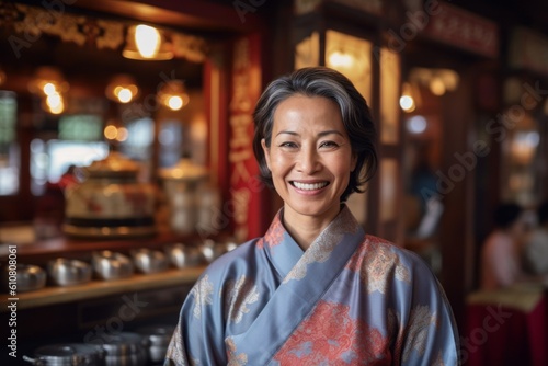 Medium shot portrait photography of a grinning woman in her 40s that is wearing a snuggly pajama set against a bustling traditional tea house with servers and patrons background .  Generative AI