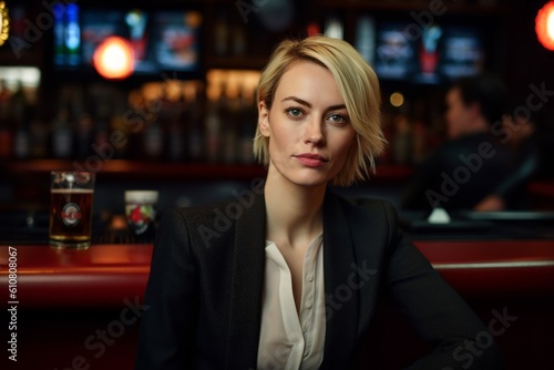 Portrait of a beautiful businesswoman sitting in a bar and looking at the camera