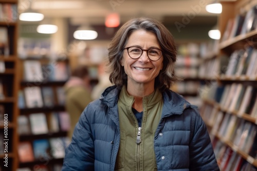 Portrait of smiling mature woman standing in book store and looking at camera © Leon Waltz