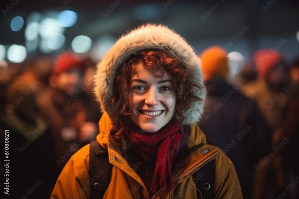 Portrait of a beautiful young woman in winter clothes at the fair Portrait of a beautiful young woman in winter clothes at the fair