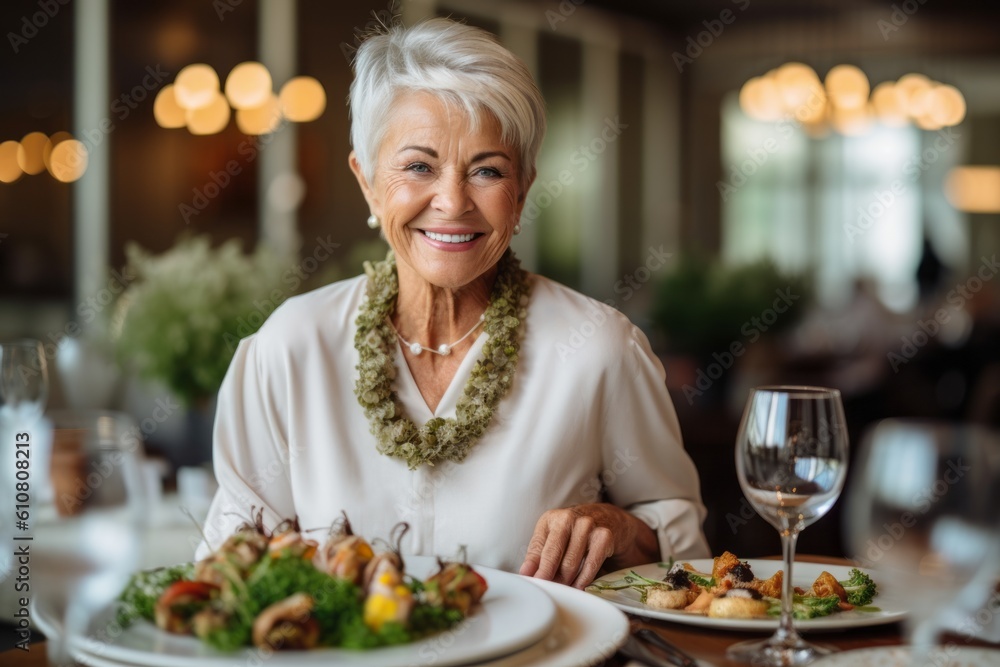 Portrait of smiling senior woman sitting at restaurant table with appetizer