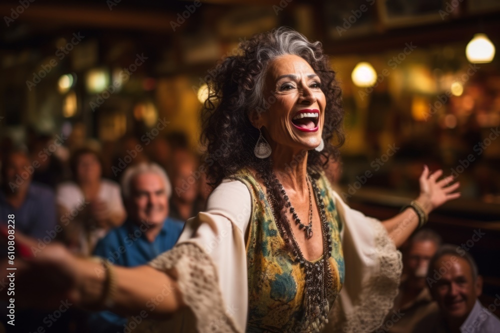 Medium shot portrait photography of a cheerful woman in her 40s that is wearing a chic cardigan against a lively flamenco performance in a spanish taverna background .  Generative AI