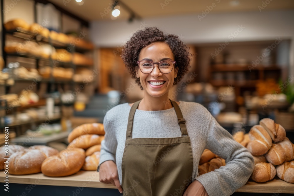 Portrait of smiling female staff standing with arms crossed in bakery shop