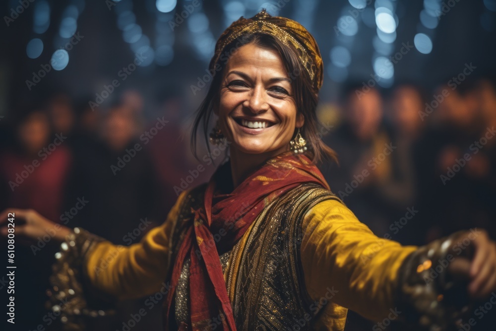 Medium shot portrait photography of a grinning woman in her 40s that is wearing a warm parka against an entrancing belly dance performance in a venue background .  Generative AI