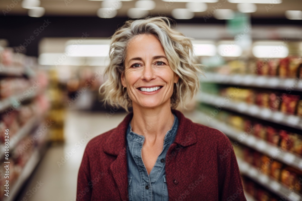 Medium shot portrait photography of a cheerful woman in her 40s that is wearing a chic cardigan against a supermarket checkout background . Generative AI Medium shot portrait photography of a cheerful woman in her 40s that is wearing a chic cardigan against a supermarket checkout background . Generative AI