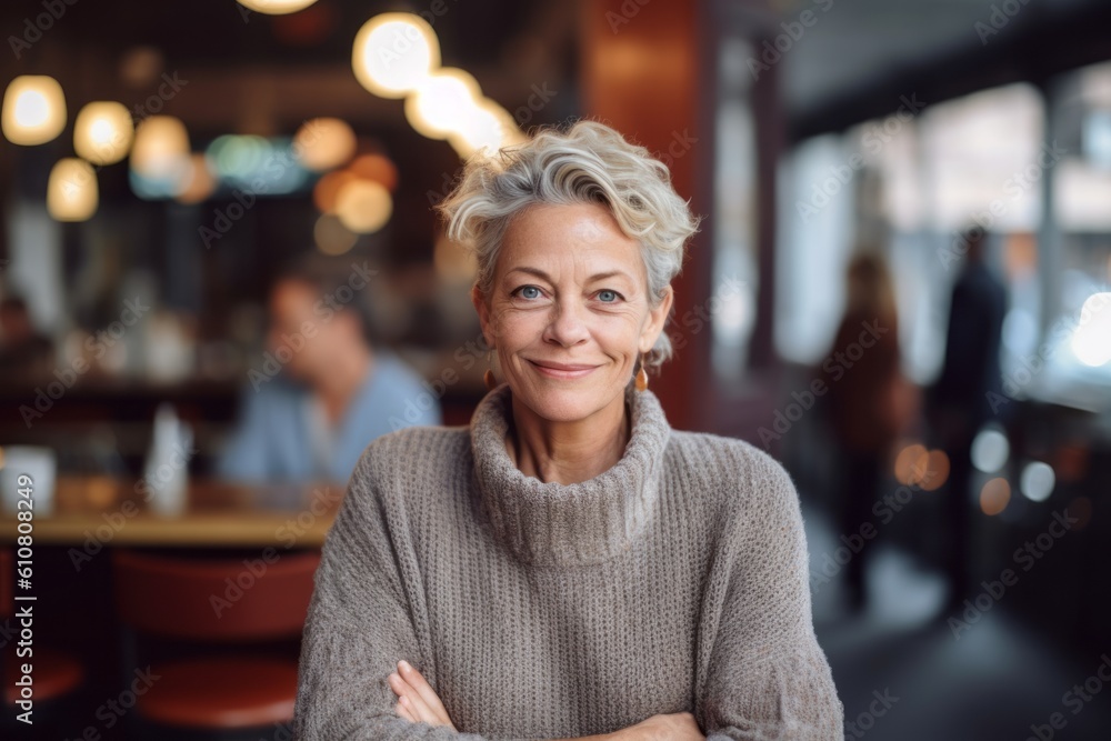 Medium shot portrait photography of a grinning woman in her 50s that is wearing a chic cardigan against a parisian or european cafe background . Generative AI Medium shot portrait photography of a grinning woman in her 50s that is wearing a chic cardigan against a parisian or european cafe background . Generative AI