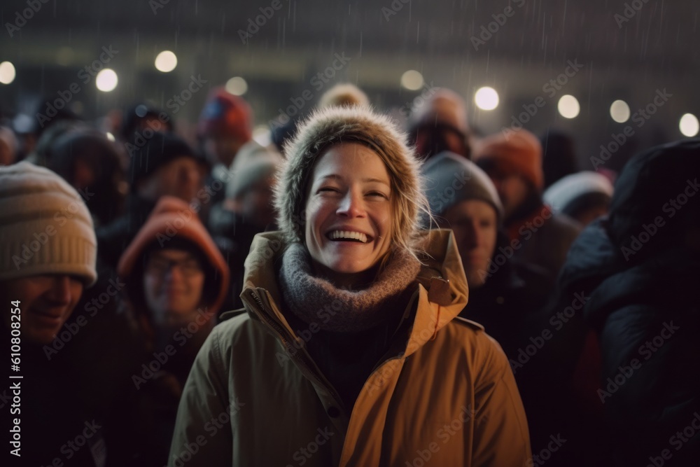 Portrait of a smiling young woman in winter clothes in the city