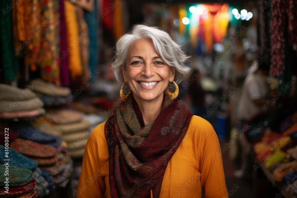 Medium shot portrait photography of a grinning woman in her 50s that is wearing a chic cardigan against a bustling trader's market with colorful fabrics and spices background .  Generative AI