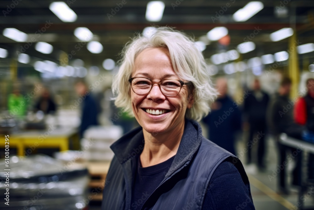 Medium shot portrait photography of a grinning woman in her 50s that is wearing a chic cardigan against a busy factory assembly line with workers background . Generative AI Medium shot portrait photography of a grinning woman in her 50s that is wearing a chic cardigan against a busy factory assembly line with workers background . Generative AI
