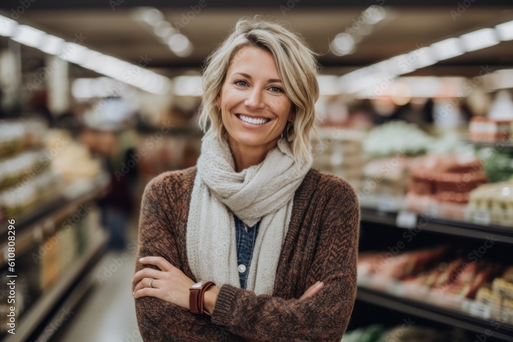 Portrait of smiling mature woman standing with arms crossed at grocery store