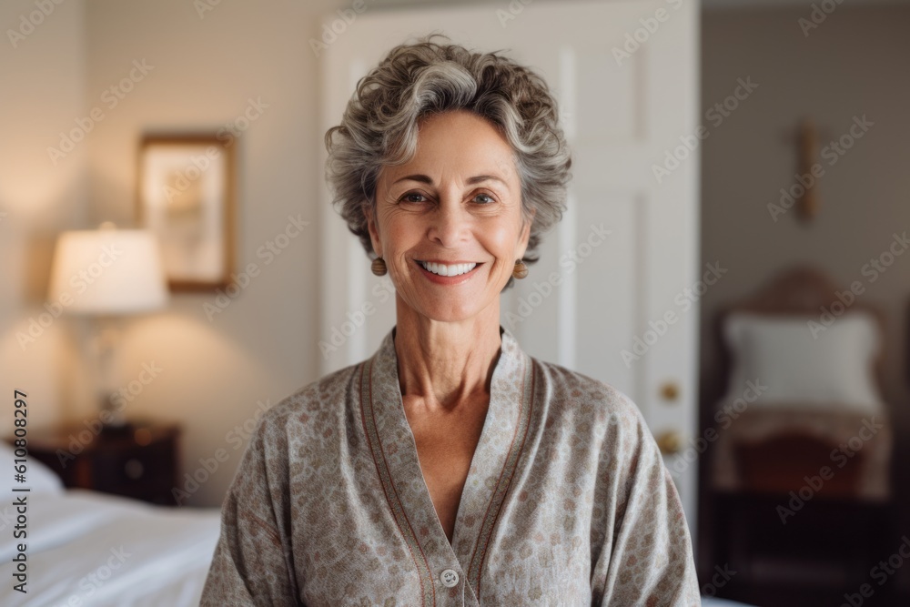 Portrait of smiling senior woman in pajamas sitting on bed at home Portrait of smiling senior woman in pajamas sitting on bed at home