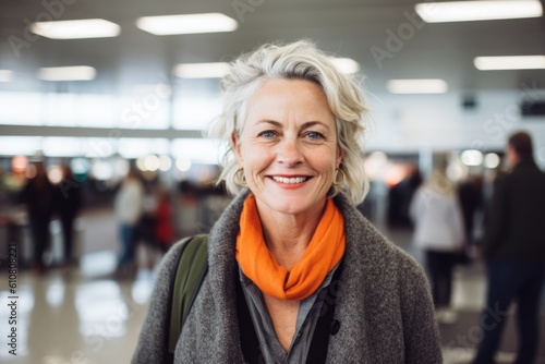 Medium shot portrait photography of a grinning woman in her 50s that is wearing a chic cardigan against a bustling airport terminal with passengers and flights background .  Generative AI