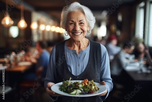 Cheerful senior woman holding a plate of salad in a restaurant