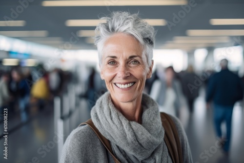 Medium shot portrait photography of a grinning woman in her 50s that is wearing a chic cardigan against a bustling airport terminal with passengers and flights background . Generative AI
