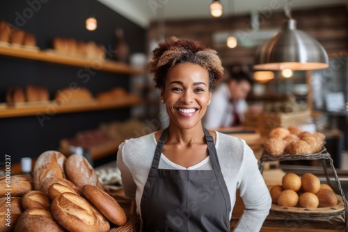 Fotomurale Medium shot portrait photography of a cheerful woman in her 40s that is wearing a chic cardigan against a busy bakery with freshly baked goods and bakers at work background