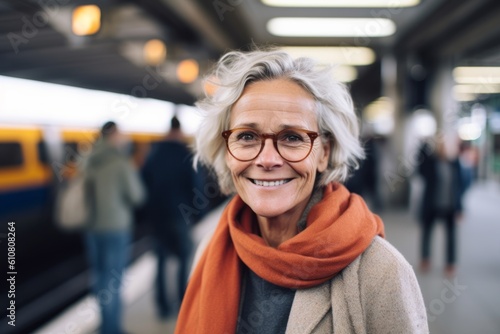 Medium shot portrait photography of a grinning woman in her 50s that is wearing a chic cardigan against a busy train station platform background . Generative AI