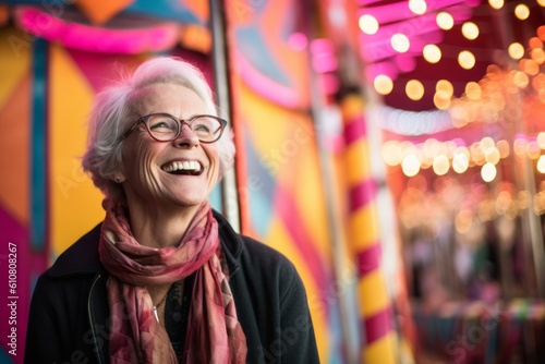 Portrait of happy senior woman with pink scarf on amusement park background