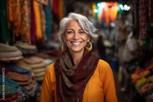 Medium shot portrait photography of a grinning woman in her 50s that is wearing a chic cardigan against a bustling trader's market with colorful fabrics and spices background . Generative AI