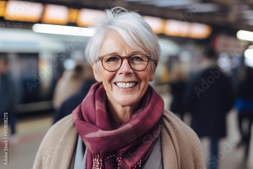 Portrait of smiling senior woman with glasses and scarf at train station