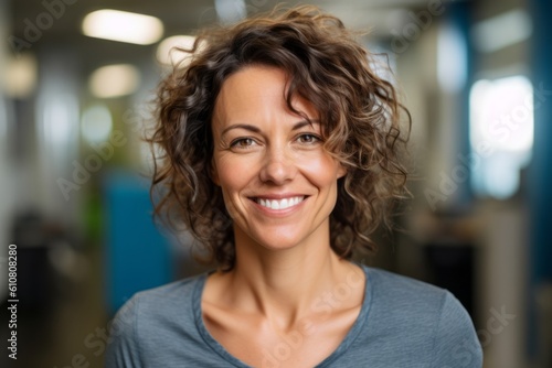Portrait of smiling woman with curly hair in fitness studio at gym