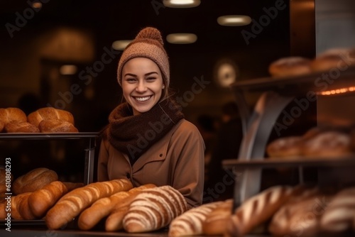 Beautiful young woman in a brown coat and a hat standing in a bakery and smiling