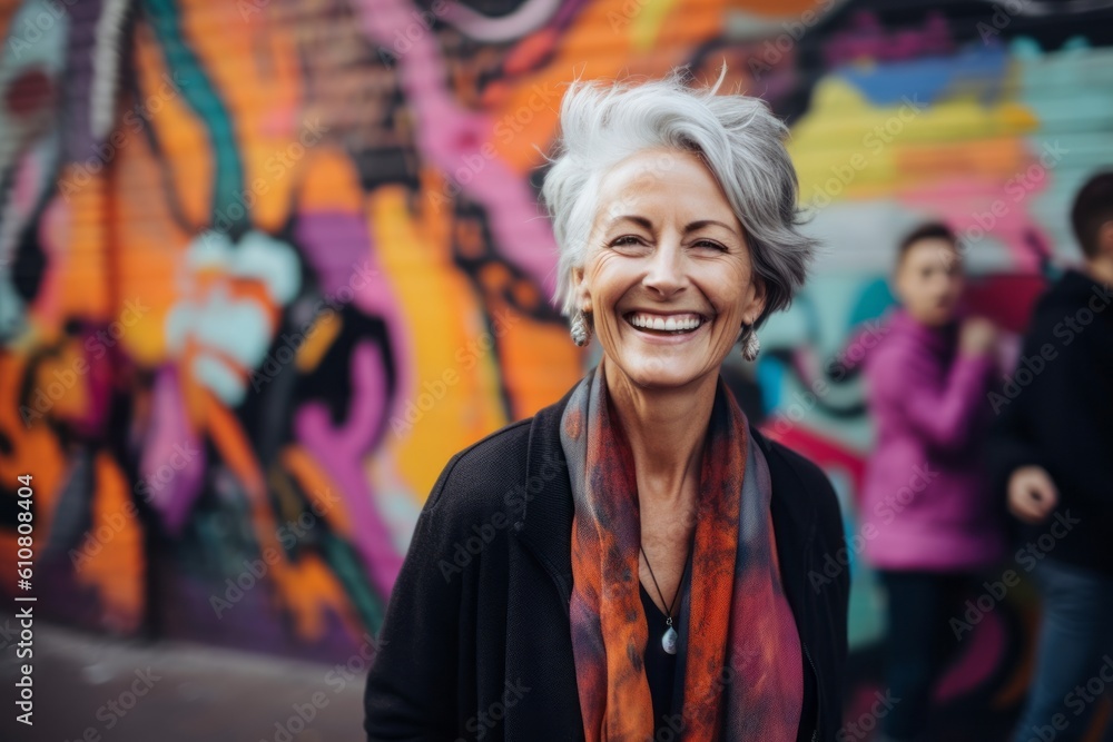 Portrait of a smiling senior woman standing in front of graffiti wall Portrait of a smiling senior woman standing in front of graffiti wall