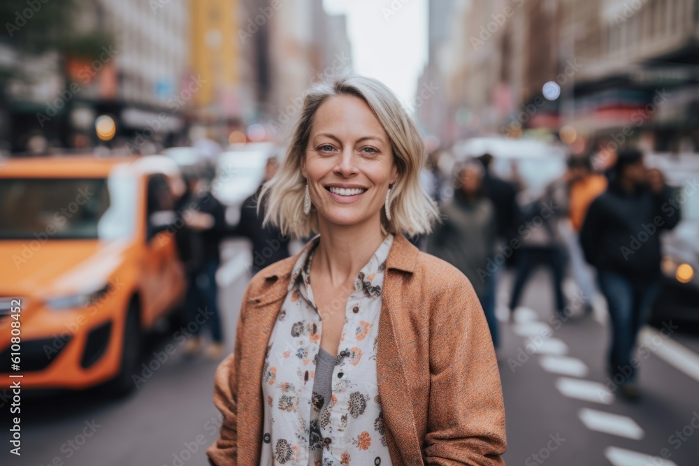 Portrait of smiling young woman on the street in New York City