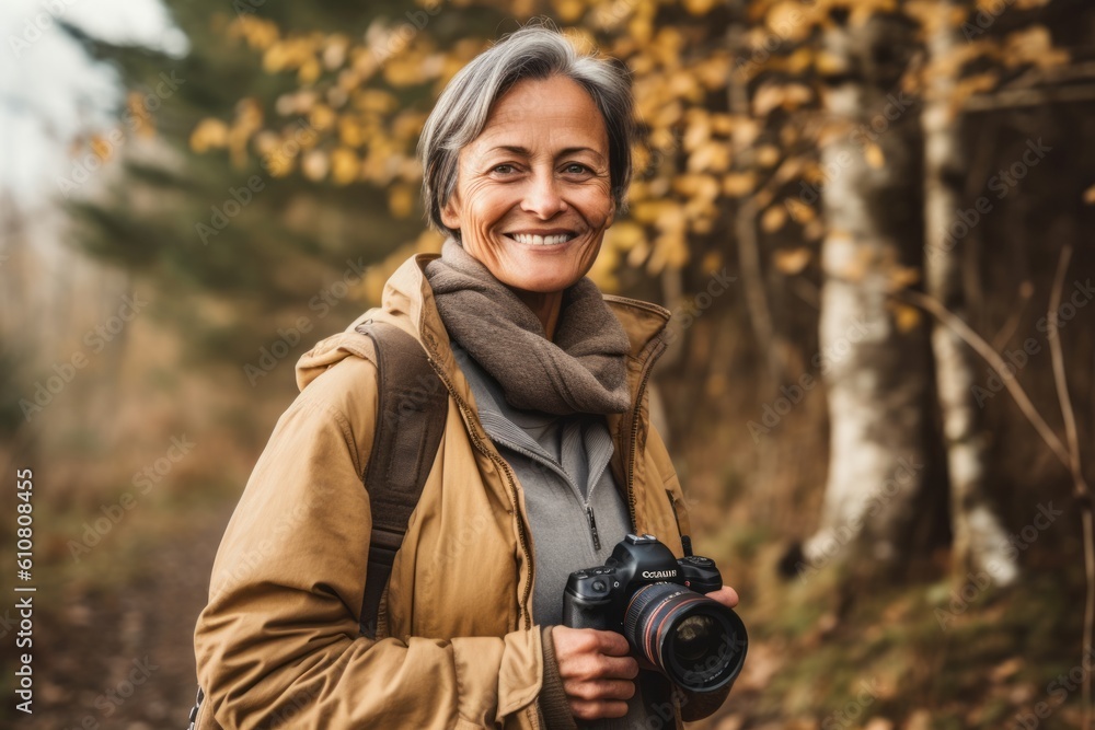 Medium shot portrait photography of a grinning woman in her 50s that is wearing a chic cardigan against a wildlife documentary filming with a camera crew background . Generative AI Medium shot portrait photography of a grinning woman in her 50s that is wearing a chic cardigan against a wildlife documentary filming with a camera crew background . Generative AI