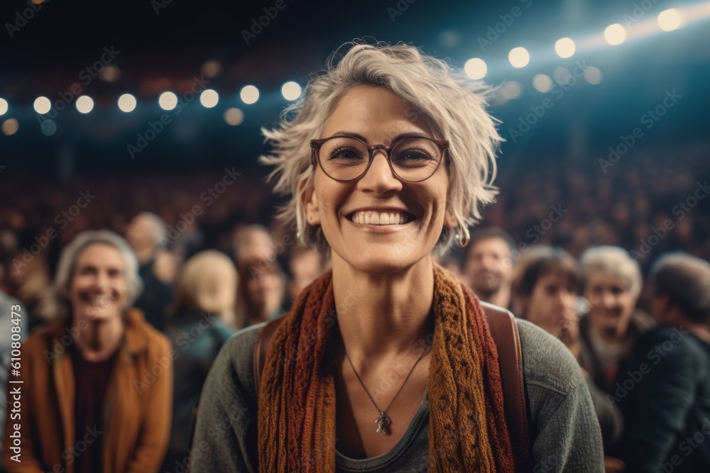 Portrait of a smiling woman with glasses looking at the camera while standing in front of a crowd at a concert
