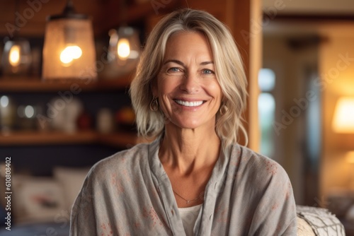 Portrait of beautiful mature woman in pajamas smiling at camera