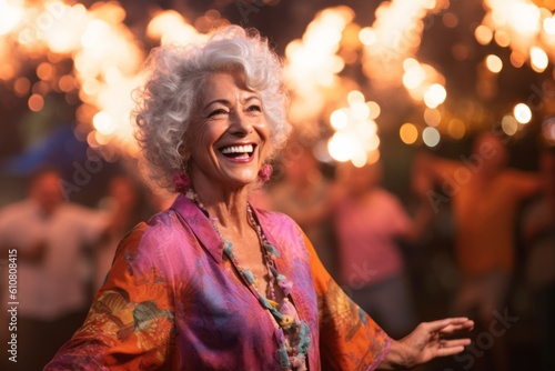 Portrait of happy senior woman dancing at night party in the city