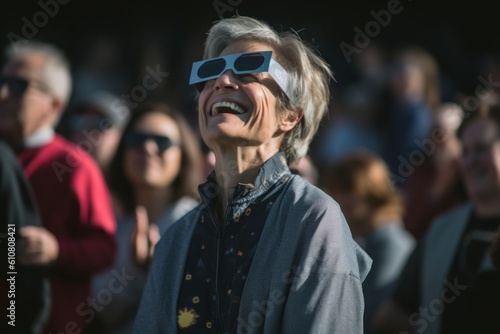 Medium shot portrait photography of a grinning woman in her 50s that is wearing a chic cardigan against an awe-inspiring solar eclipse event with spectators background .  Generative AI