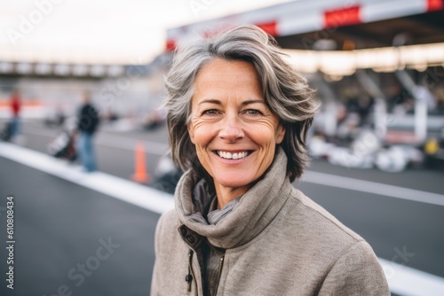 portrait of smiling senior woman in grey coat standing on parking lot