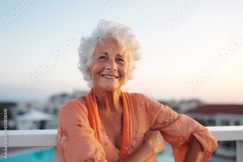 Portrait of smiling senior woman standingof cruise ship at sunset