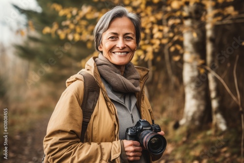 Medium shot portrait photography of a grinning woman in her 50s that is wearing a chic cardigan against a wildlife documentary filming with a camera crew background .  Generative AI © Leon Waltz