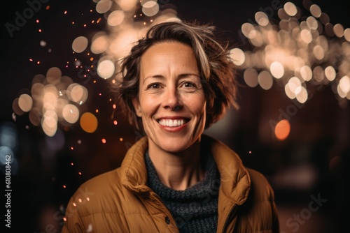 Portrait of smiling woman with bokeh lights in the background