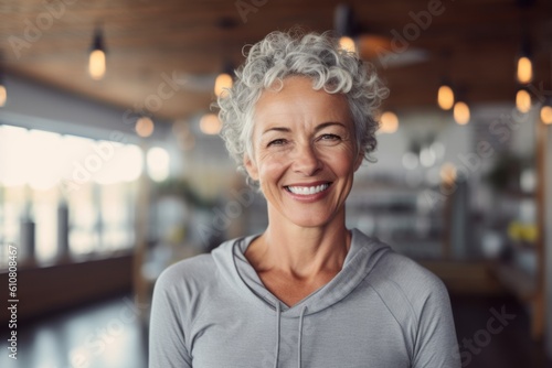 Portrait of smiling senior woman standing in bar counter at coffee shop