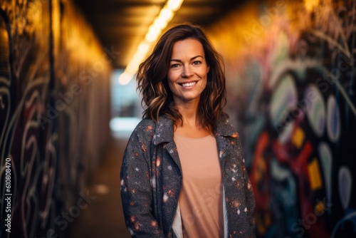 Portrait of a beautiful young woman smiling in a tunnel with graffiti