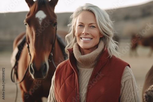 Portrait of a smiling mature woman standing next to her horse outside