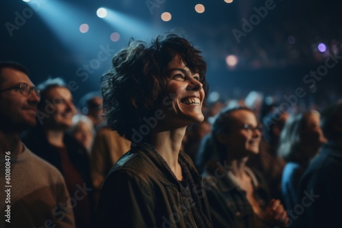 Medium shot portrait photography of a pleased woman in her 40s that is wearing a chic cardigan against a crowded concert hall during a live performance background . Generative AI