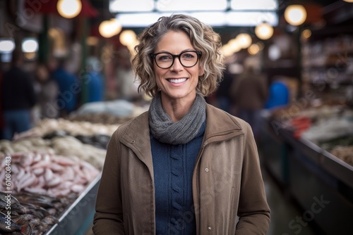 Portrait of smiling woman looking at camera while standing in fish market