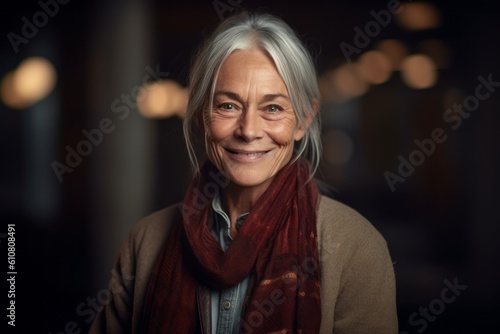 Portrait of smiling senior woman in scarf and coat at night.