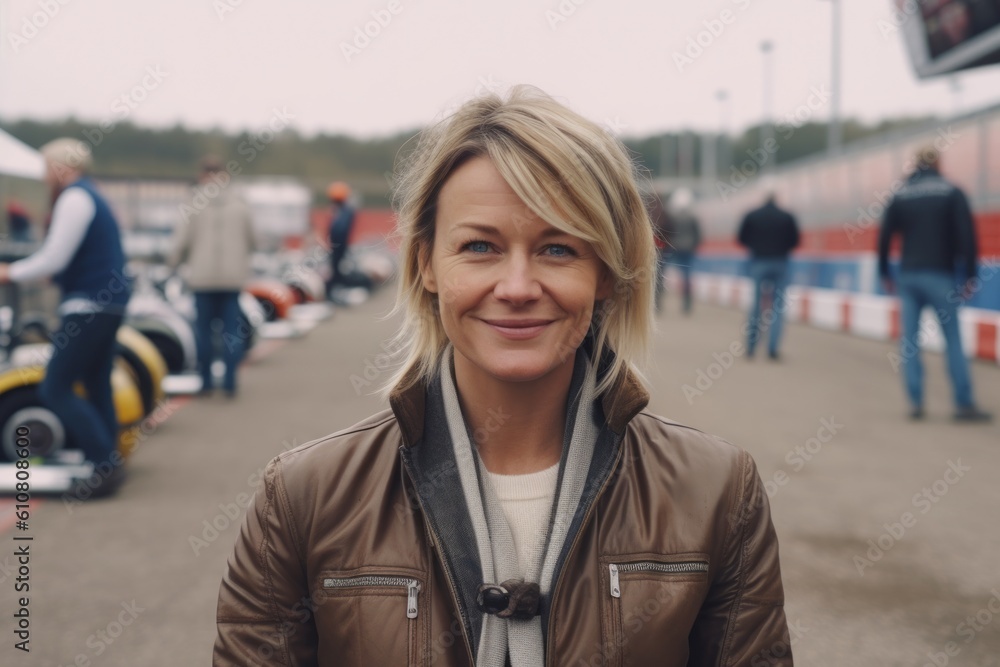 Fototapeta premium Portrait of a beautiful woman with blond hair on the background of the race track