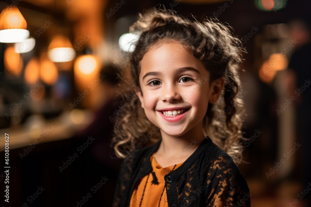 portrait of smiling little girl with curly hair looking at camera in cafe portrait of smiling little girl with curly hair looking at camera in cafe