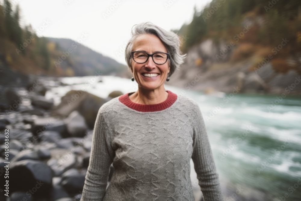 Medium shot portrait photography of a grinning woman in her 50s that is wearing a cozy sweater against a river or waterfall background .  Generative AI