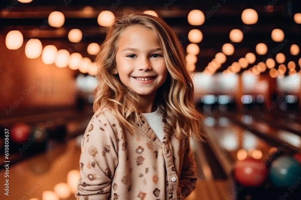 portrait of smiling little girl looking at camera while standing in bowling club portrait of smiling little girl looking at camera while standing in bowling club