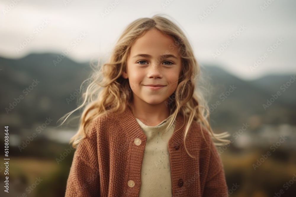 Portrait of a cute little girl with blond curly hair in a brown sweater on a background of mountains Portrait of a cute little girl with blond curly hair in a brown sweater on a background of mountains