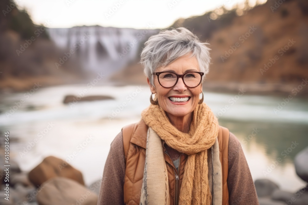 Smiling senior woman with glasses standing in front of a waterfall. Smiling senior woman with glasses standing in front of a waterfall.